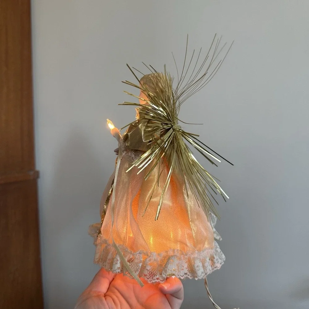 Vtg 90's Porcelain Lighted Angel Christmas Tree Topper Gold Dress Tinsel Halo 6